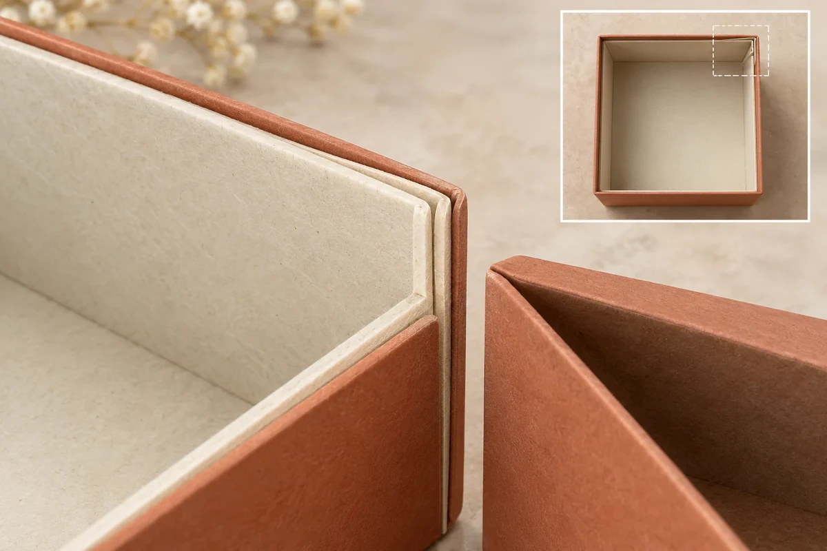 Close-up lining and wrap layers overlap at a box corner beside a complete empty interior view.