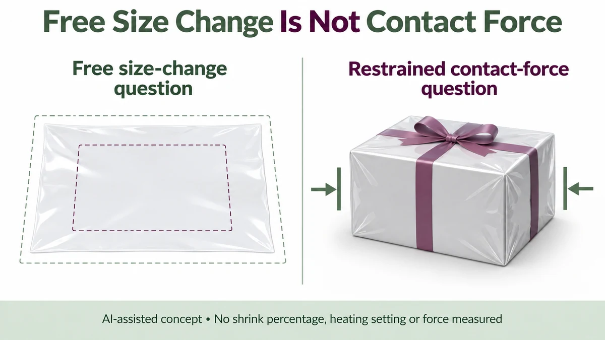 AI-assisted loose-film size-change concept beside a hypothetical wrapped rigid gift box with symbolic restraint marks.