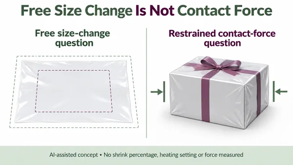 AI-assisted loose-film size-change concept beside a hypothetical wrapped rigid gift box with symbolic restraint marks.