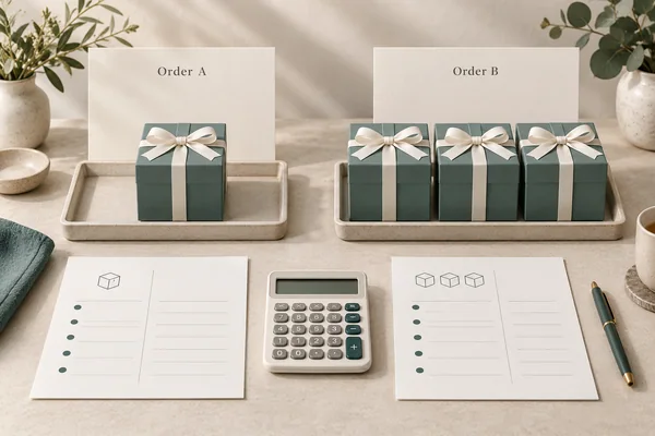 One ribboned gift box in a tray labeled Order A beside three matching boxes in a tray labeled Order B, with blank unit worksheets and a calculator.