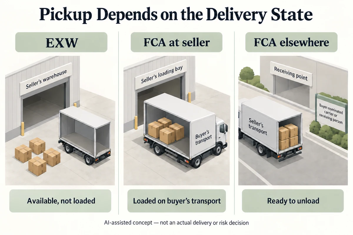 AI-assisted comparison of four hypothetical cartons available before loading under EXW, loaded on buyer-provided transport under FCA at seller premises, and still on seller-provided transport ready to unload at another named receiving point.