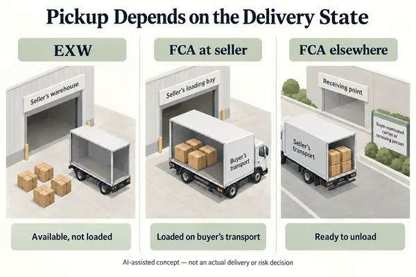 AI-assisted comparison of four hypothetical cartons available before loading under EXW, loaded on buyer-provided transport under FCA at seller premises, and still on seller-provided transport ready to unload at another named receiving point.