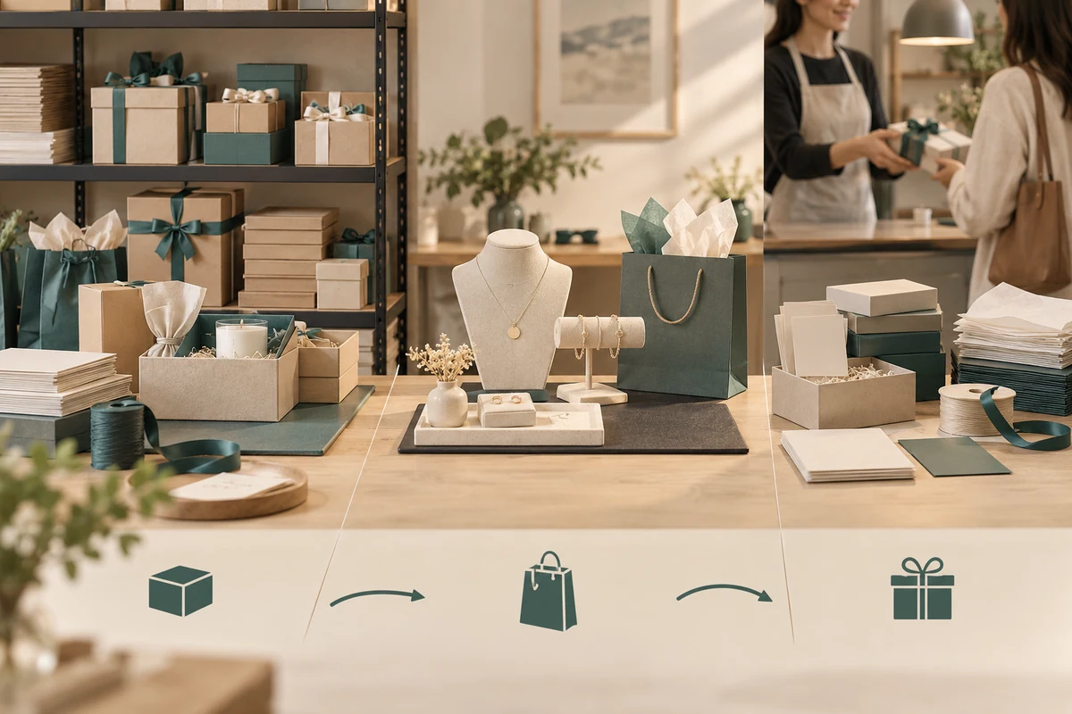 Retail display, boxed stock and a customer handover linked by packaging and shopping icons