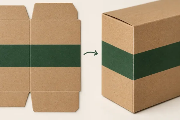 Flat and formed carton concepts locate the same printed band at the fold