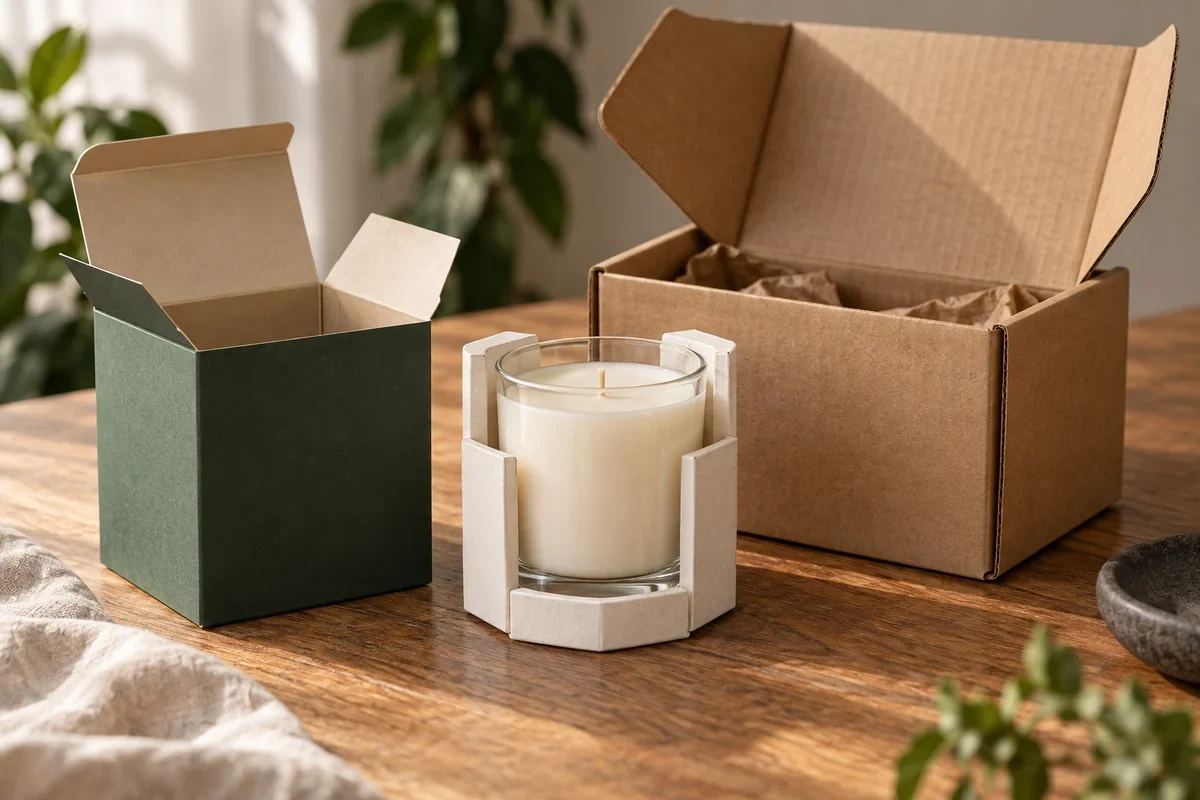 A candle vessel, insert, presentation carton and outer mailer shown as separate components.