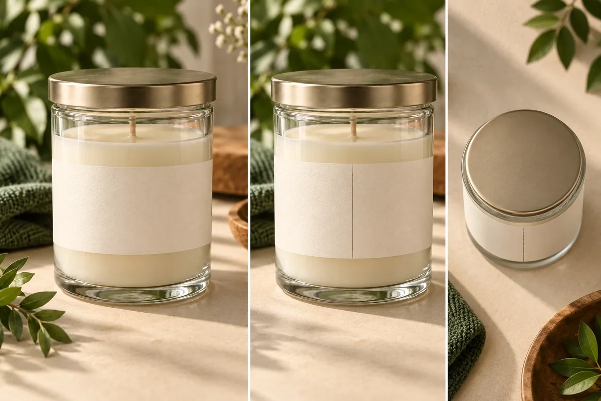Cylindrical candle label face and rear seam compared