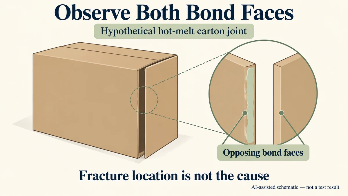AI-assisted schematic of a hypothetical already-opened hot-melt carton seam and its two opposing bond faces; no cause or strength is established.