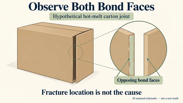 AI-assisted schematic of a hypothetical already-opened hot-melt carton seam and its two opposing bond faces; no cause or strength is established.