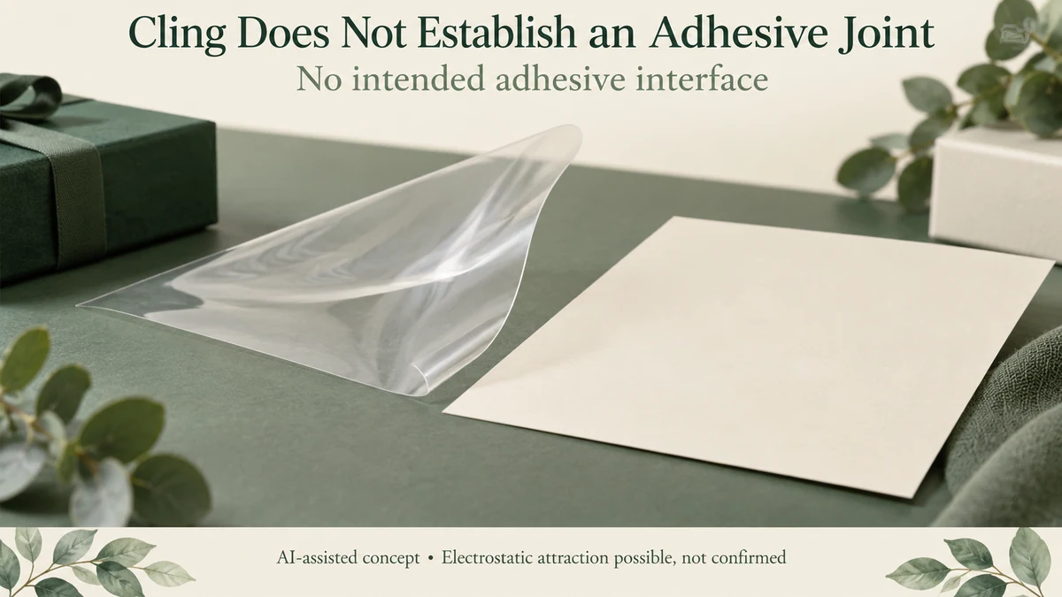 AI-assisted loose clear packaging film following a nearby sheet during hypothetical separation without an intended adhesive joint.