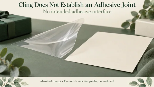 AI-assisted loose clear packaging film following a nearby sheet during hypothetical separation without an intended adhesive joint.