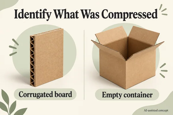 AI-assisted concept contrasting a corrugated board specimen with an erected empty outer carton.