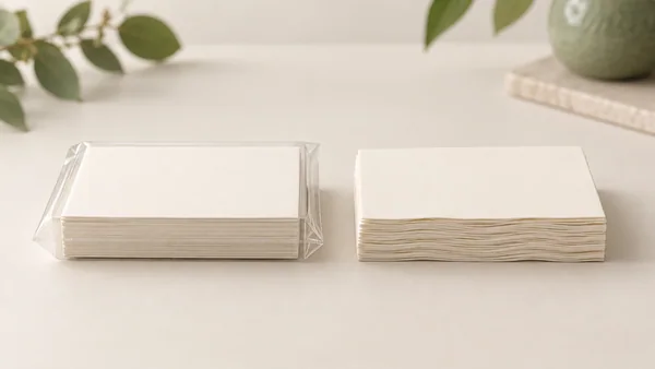 AI-assisted hypothetical comparison of a flat ivory care-card stack in intact clear wrapping and a separate unwrapped stack with visibly wavy exposed edges.