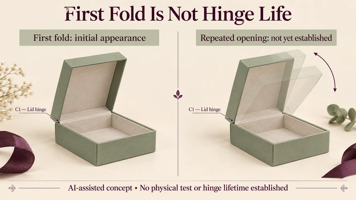 AI-assisted conceptual paperboard keepsake lid comparing one clean formed C1 crease with translucent positions along the intended opening-and-return route.