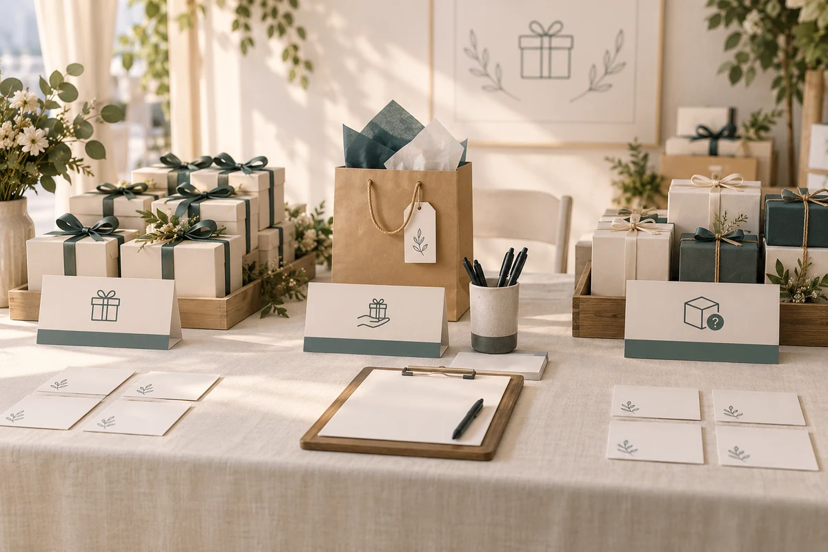 Event gift groups, blank claim cards and a clipboard arranged at a distribution table
