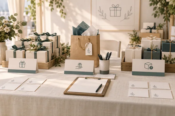 Event gift groups, blank claim cards and a clipboard arranged at a distribution table