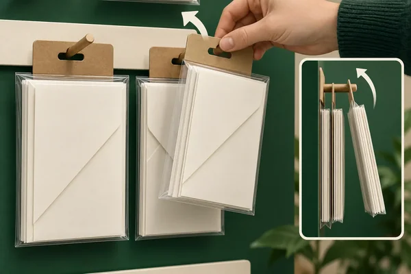 Hand withdraws a peg-hung card pack beside adjacent packs, with side-view fixture clearance detail.