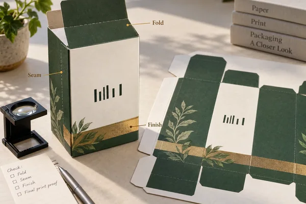 Flat and formed carton concepts with illustrative barcode placeholders beside fold, seam and finish locations