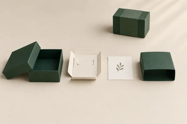Concept box, insert, care card and sleeve laid out separately beside a completed pack