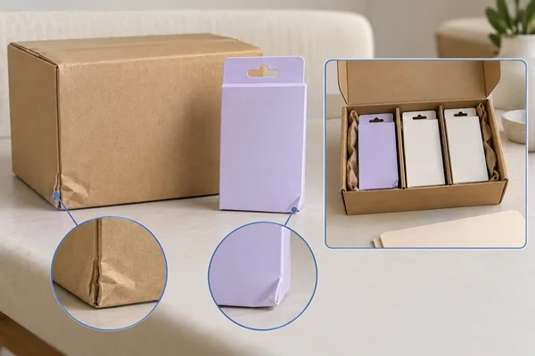 Illustrated damaged corners on an outer carton and separate retail pack are located in two close views.
