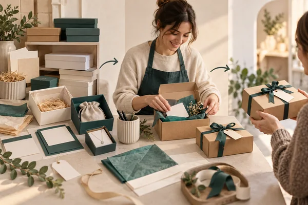 Two people handling a gift beside prepared boxes and packing materials