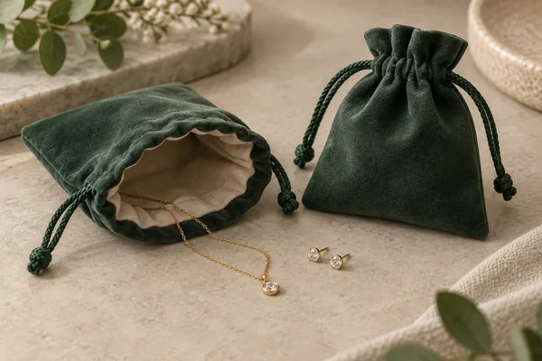 Open and closed jewelry pouches with a necklace and earrings nearby.
