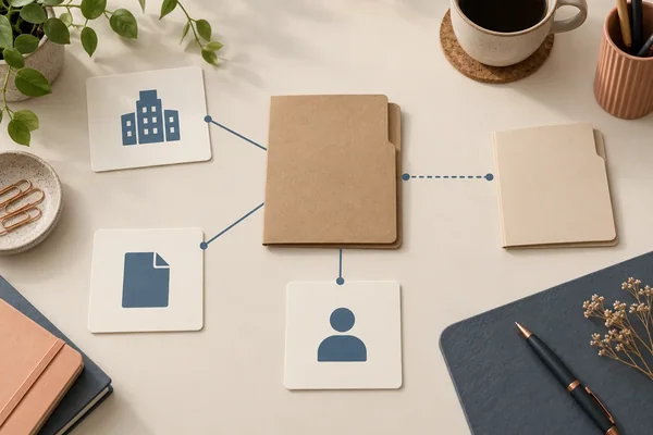 Company, document and responsible-person symbols connect to an offer folder and separate reference folder.