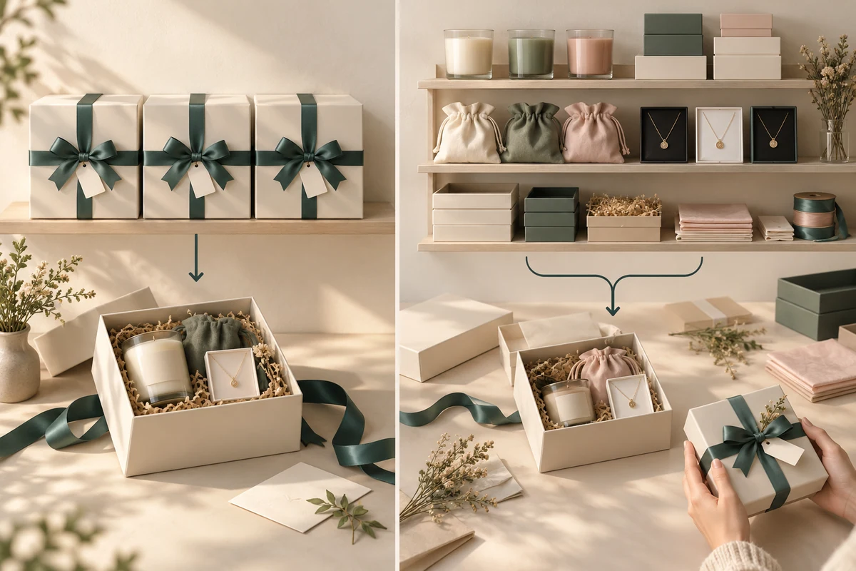Prebuilt fixed gifts beside separately stocked products and packaging components