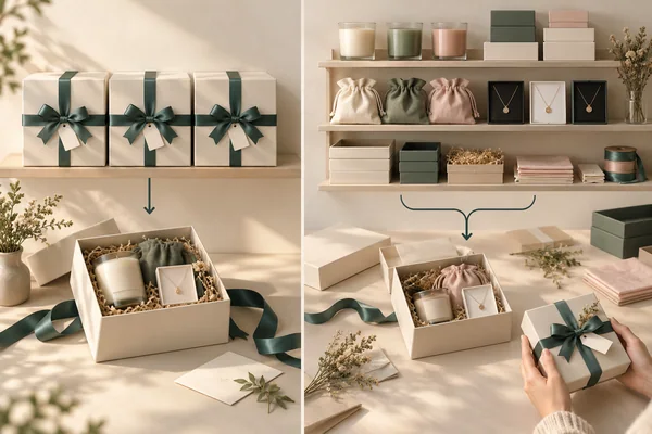 Prebuilt fixed gifts beside separately stocked products and packaging components