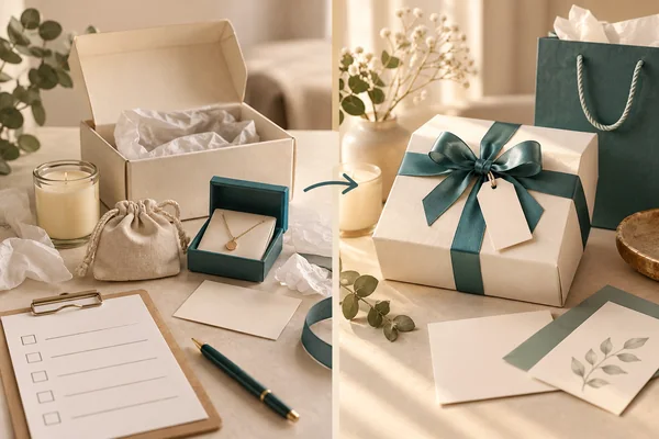 Opened gift contents and a checklist beside a completed ribboned presentation and shopping bag