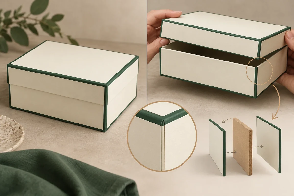 Rigid box concepts with a wrap-seam close-up and separated wrap/core detail