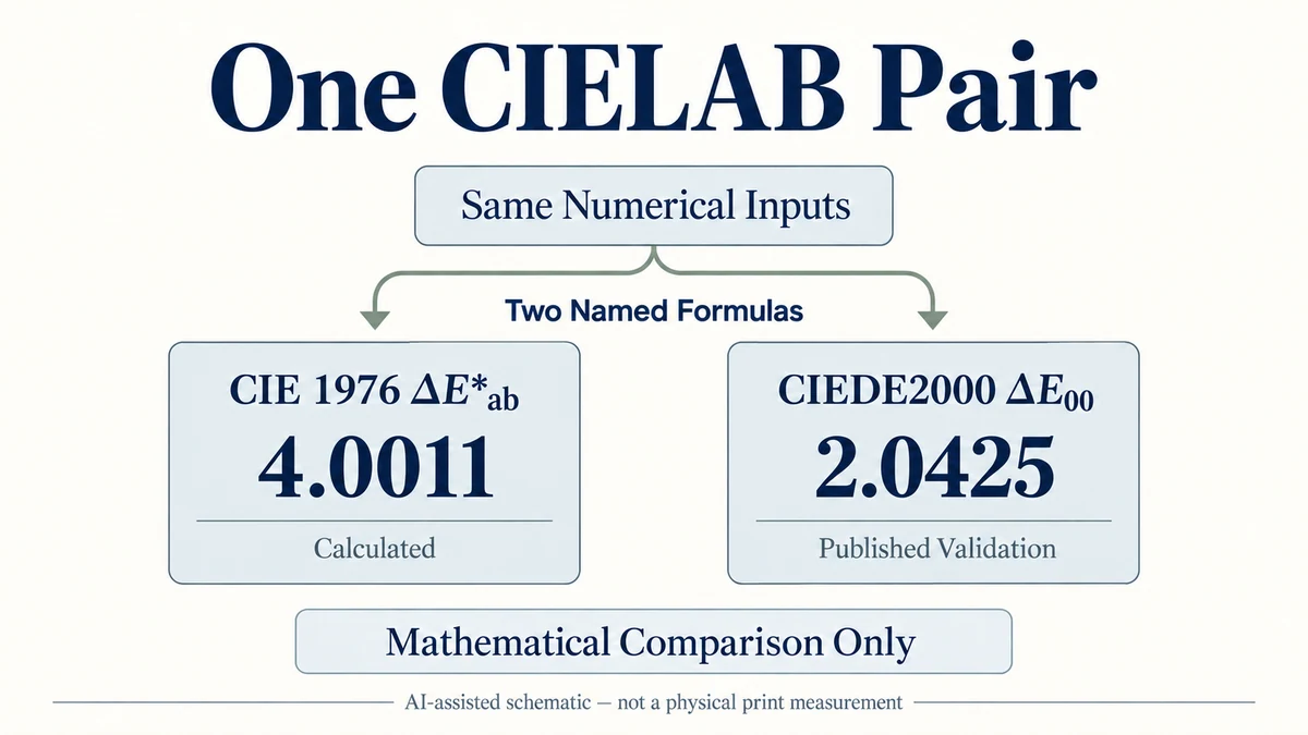 AI-assisted mathematical schematic showing one common CIELAB pair producing 4.0011 with CIE 1976 Delta E*ab and 2.0425 with CIEDE2000 Delta E00; not physical print samples.