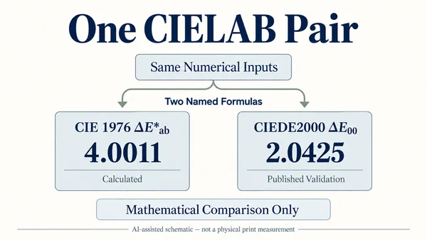 AI-assisted mathematical schematic showing one common CIELAB pair producing 4.0011 with CIE 1976 Delta E*ab and 2.0425 with CIEDE2000 Delta E00; not physical print samples.