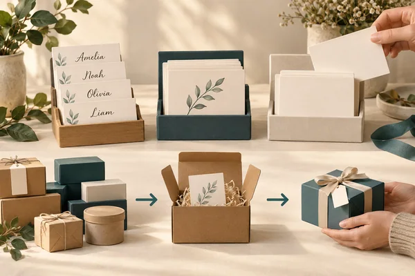 Fictional named cards, generic cards and blank cards beside gift packaging and a card application sequence