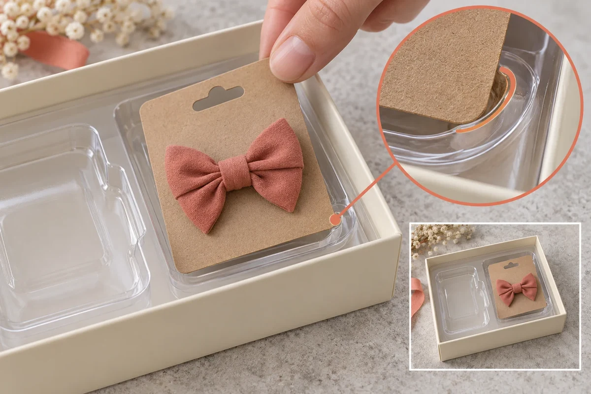 A bow-accessory card meets a clear tray rim during removal, with enlarged corner/rim contact.