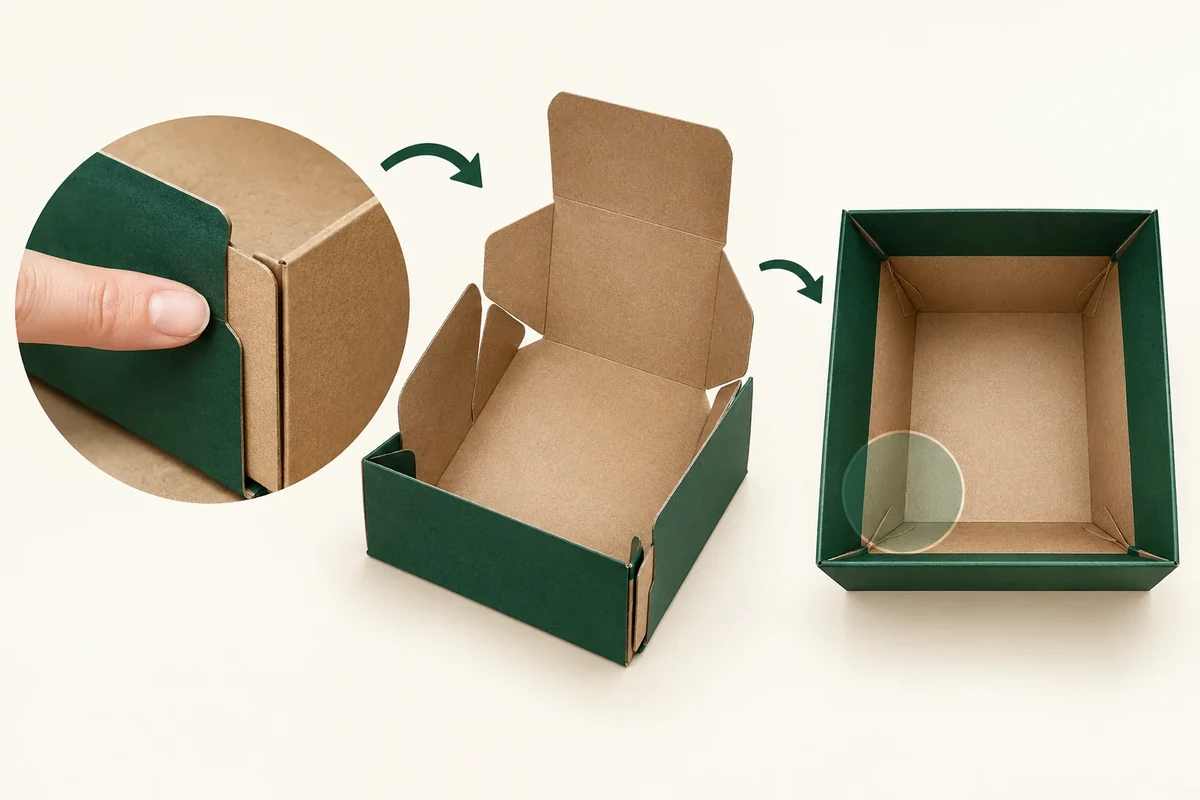 An empty prepared-base carton and corner/joint close-up precede the fully formed empty base.