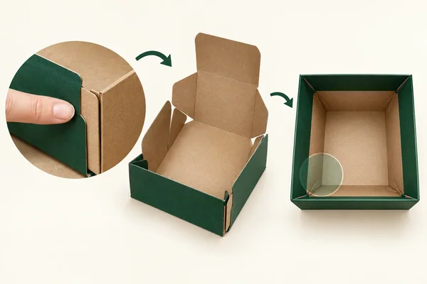 An empty prepared-base carton and corner/joint close-up precede the fully formed empty base.