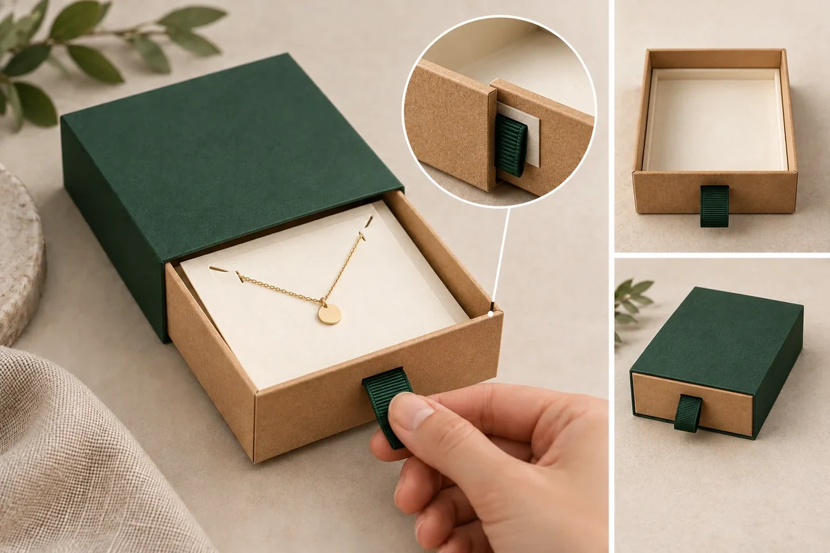 Hand uses a ribbon pull on a loaded necklace tray, with inside anchor detail and closed/open companion states.