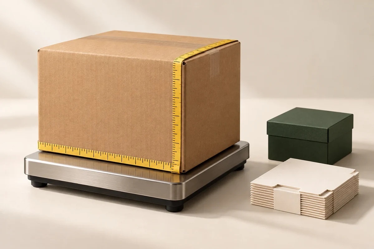AI-generated editorial illustration of a shipping carton on a scale with a measuring tape, a smaller gift box and separately packed inserts.