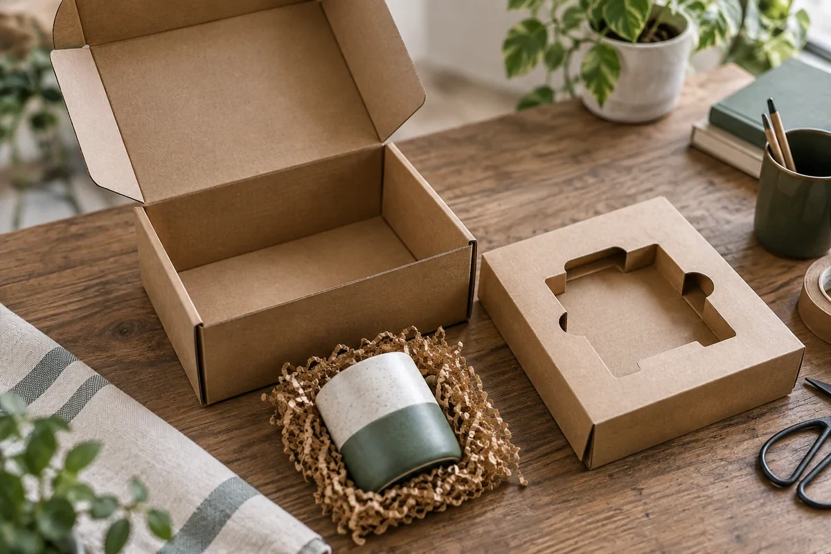An open mailer with a separate insert and small product arranged for a fit discussion.