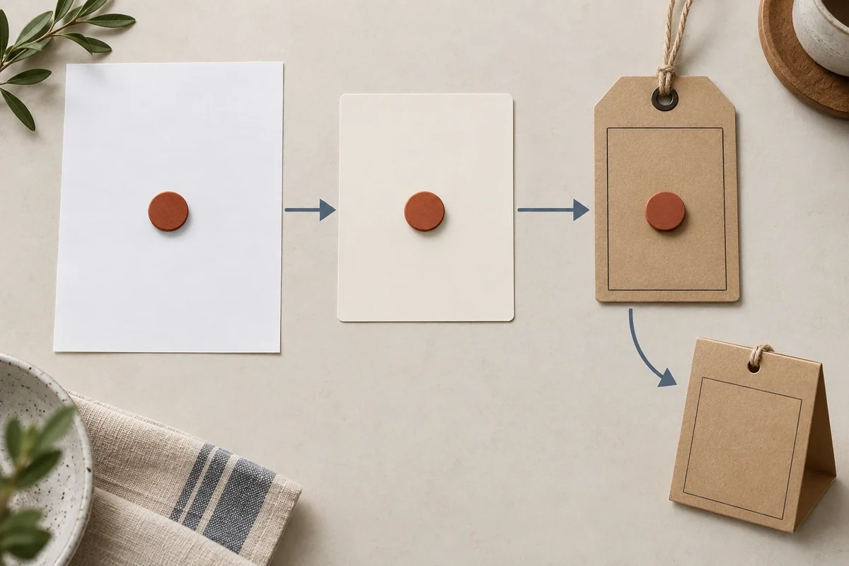 Same symbolic marker moves from source sheet to card and tag with a separate returned-reference view.