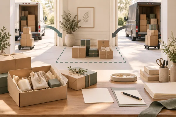 Two delivery vehicles pointing toward one bounded receiving area with cartons