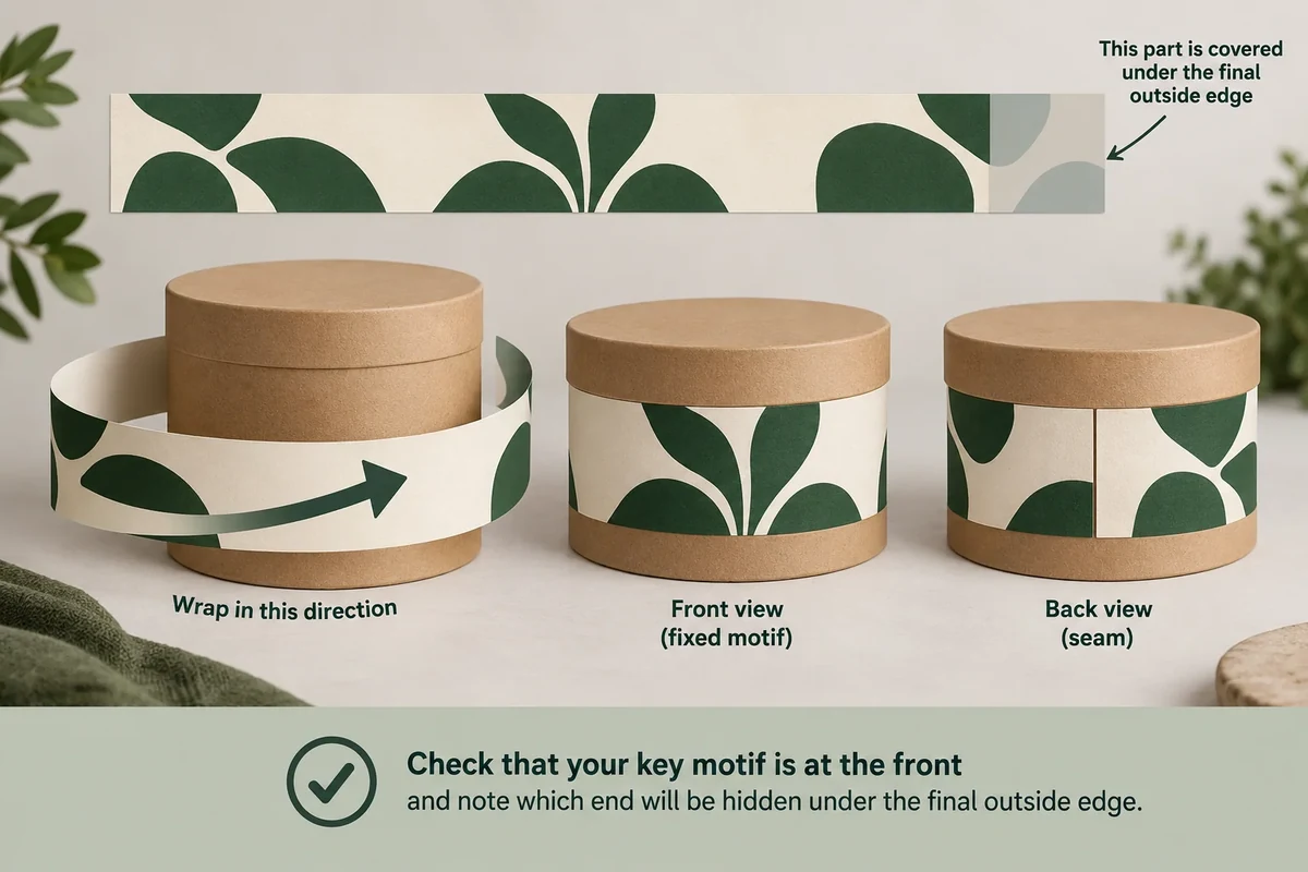 Flat wrap strip with covered-end region sits above container wrapping direction and front/seam views.