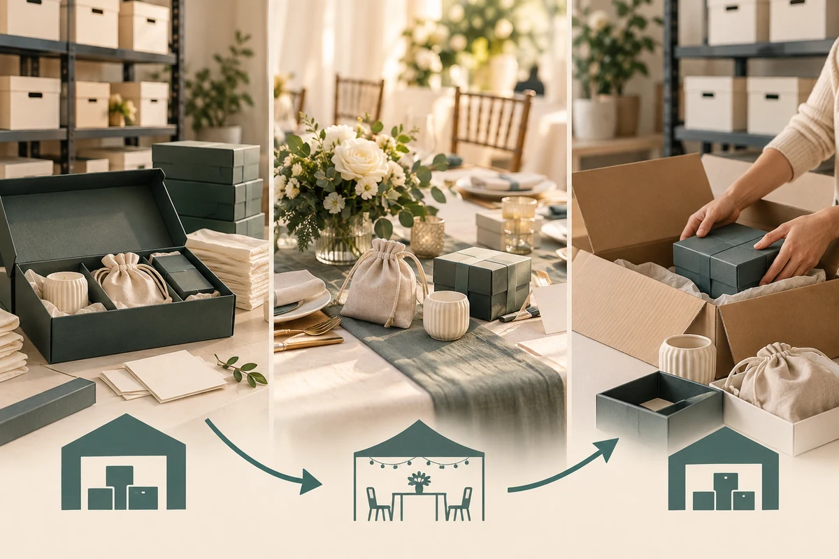 Gift transit containers moving conceptually from storage to an event and back to storage