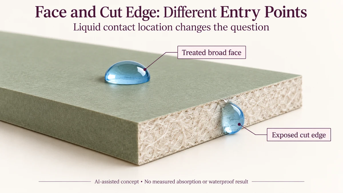 AI-assisted unscaled paperboard corner with separate hypothetical liquid drops contacting the treated broad face and exposed fibrous cut edge.