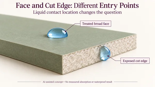 AI-assisted unscaled paperboard corner with separate hypothetical liquid drops contacting the treated broad face and exposed fibrous cut edge.