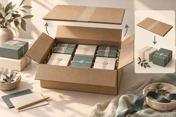 Shipping carton with gift lids beneath the top seam and a separate protective top-layer concept