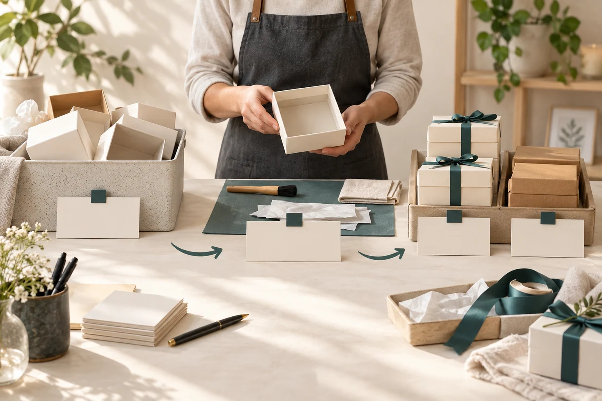 Person holding an empty box at a review bench with separated boxes, cards and wrapping materials