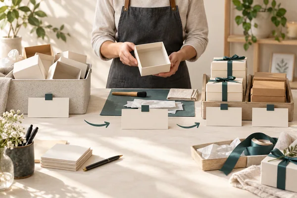 Person holding an empty box at a review bench with separated boxes, cards and wrapping materials