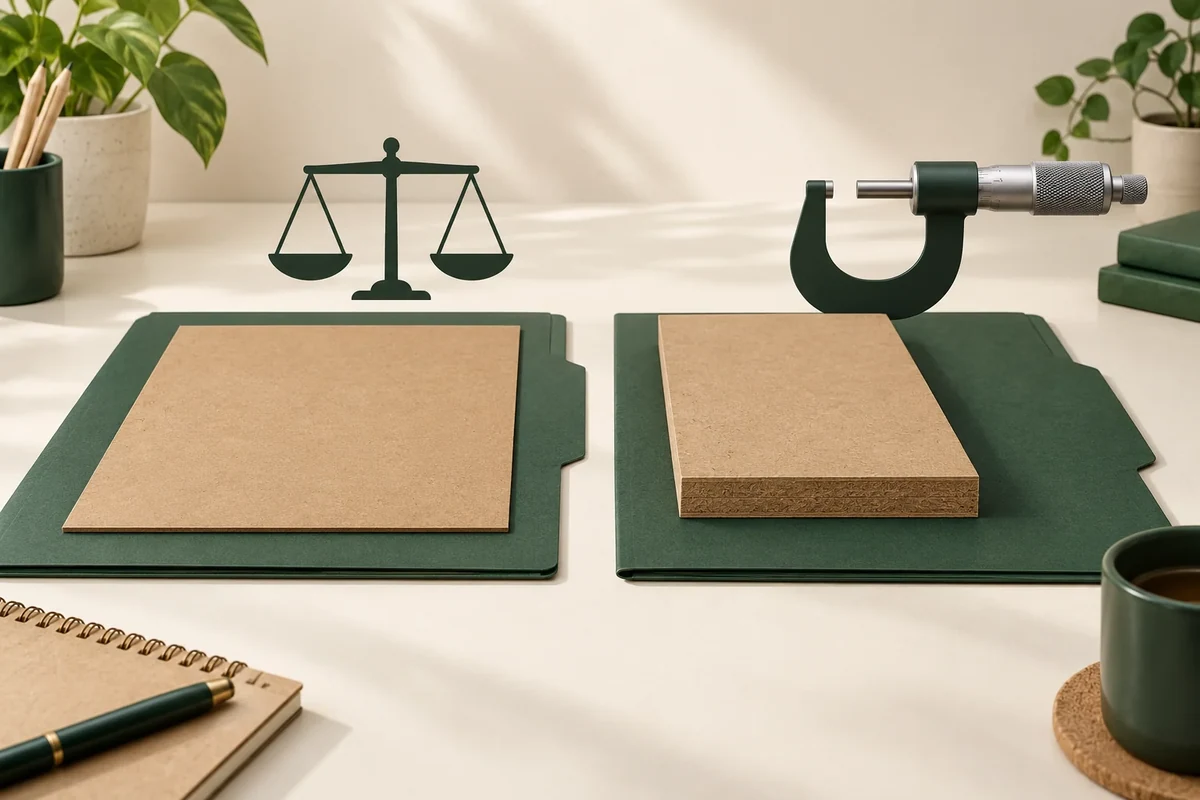 Board examples beside balance and micrometer symbols distinguish mass-per-area and thickness records
