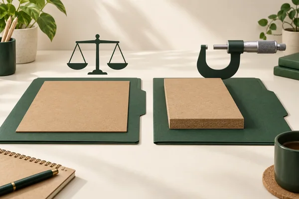 Board examples beside balance and micrometer symbols distinguish mass-per-area and thickness records